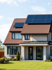 Modern single family house with solar panels on the roof, erneuerbare Energie, Architektur, umweltfreundlich