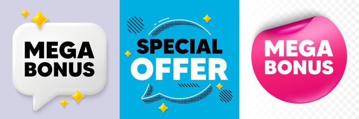 Mega bonus speech bubble. 3d sparkles chat, Paper sticker. Mega bonus tag. Special offer sign. Sale promotion symbol. Special offer bubble. Halftone dots pattern. Vector