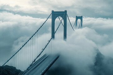 Fototapeta premium Elevated view of a bridge emerging from clouds at sunrise over a mountainous landscape