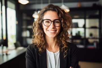 Fototapeta premium Portrait of a young businesswoman wearing eyeglasses and smiling in a modern office