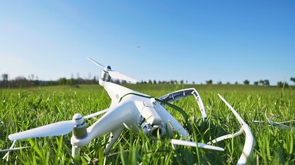 Crashed drone lying in grassy field with broken propellers and scattered debris under clear blue sky. Drone accident aftermath, technology failure, and aerial device damage concept.