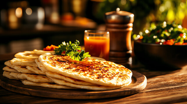 Ethiopian Chechebsa toasted flatbread, brushed with spiced butter and served with honey in a warm breakfast scene, African hearty meals, cultural authenticity