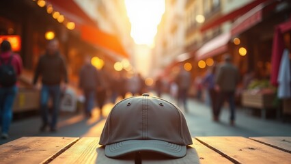 Cap Mockup on Model, Street market backdrop colorful cap detail.