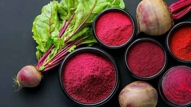 Variety of red and purple vegetables and spices are displayed on a black background. The vegetables include beets, radishes, and spinach. The spices are in bowls, with some of them being red