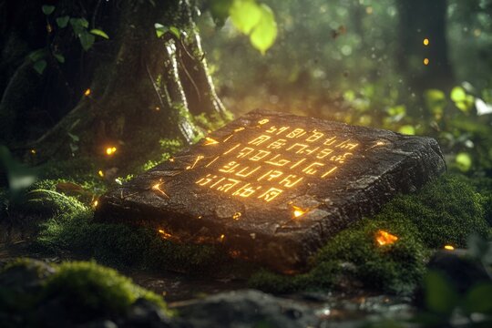 Glowing ancient runestone in mystical forest with enchanted symbols
