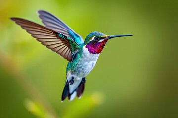 Fototapeta premium Vibrant hummingbird in flight with blur background capturing nature's beauty