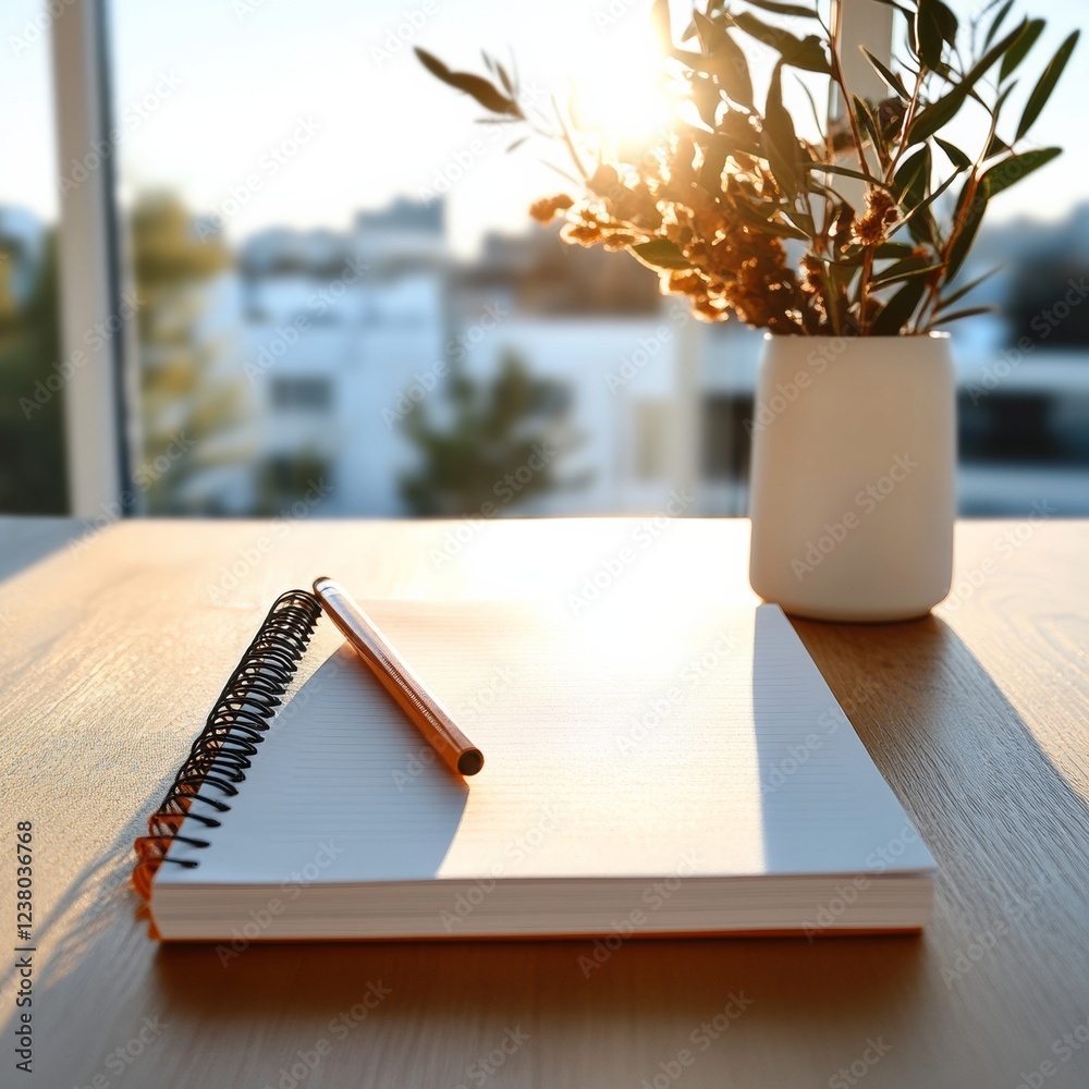 Aufkleber sunlit minimalist study space open notebook with pen, neutral tones and textured desk - educational 