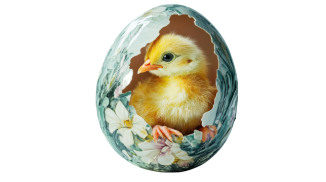 Cute baby chick hatching from decorated easter egg with transparent background