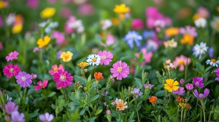 Obraz premium Colorful Wildflower Meadow, Floral Background, Spring Bloom, Vibrant Nature Landscape
