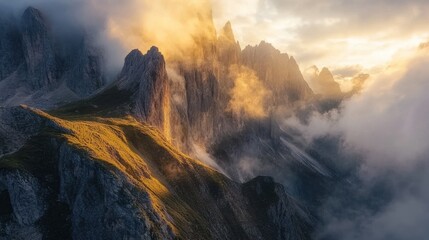 Fototapeta premium Golden Hour Mountain Majesty: A Breathtaking Aerial View of Majestic Peaks Bathed in the Warm Glow of Sunset, Enveloped by a Sea of Clouds