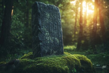 Ancient stone monolith with intricate carvings in a sunlit forest