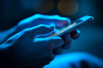 Point finger on screen phone closeup, person testing test message, touch blue screen on smartphone. Night Bokeh Light. Close-UP. Person using in hands mobile phone close up in the dark. Online wi-fi