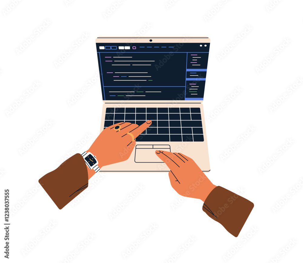 Poster Hands at laptop keyboard during online work. Computer screen with abstract web-site interface. Browsing internet, searching business information. Flat vector illustration isolated on white background