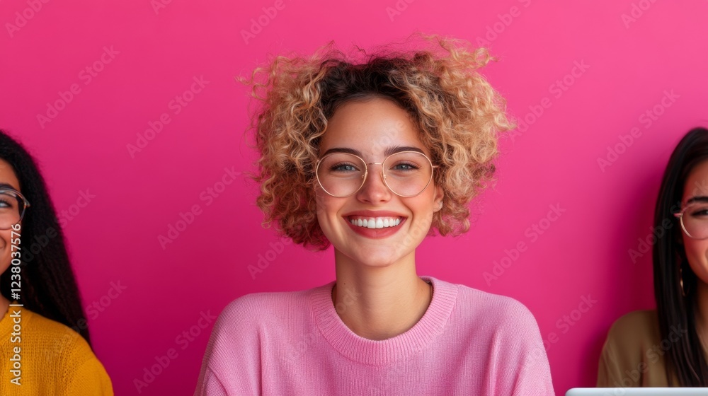 Aufkleber y2k aesthetic workspace multicultural team on chrome laptops in vibrant pink setting - modern collab