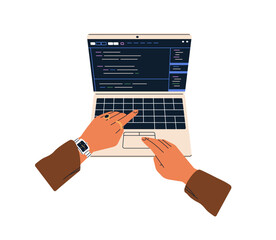 Hands at laptop keyboard during online work. Computer screen with abstract web-site interface. Browsing internet, searching business information. Flat vector illustration isolated on white background