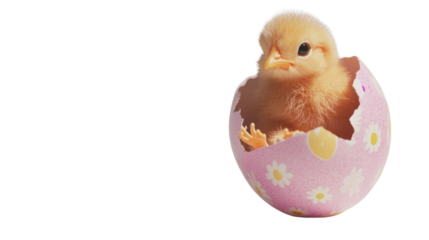 Cute chick hatching from decorated easter egg with transparent background