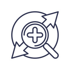 Magnifying glass with arrows symbolizes zooming in and out.
