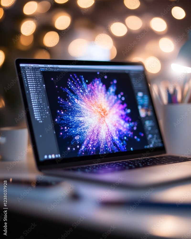 Aufkleber digital vibrance design workspace sleek laptop with dynamic artwork on modern desk - inspiring creat