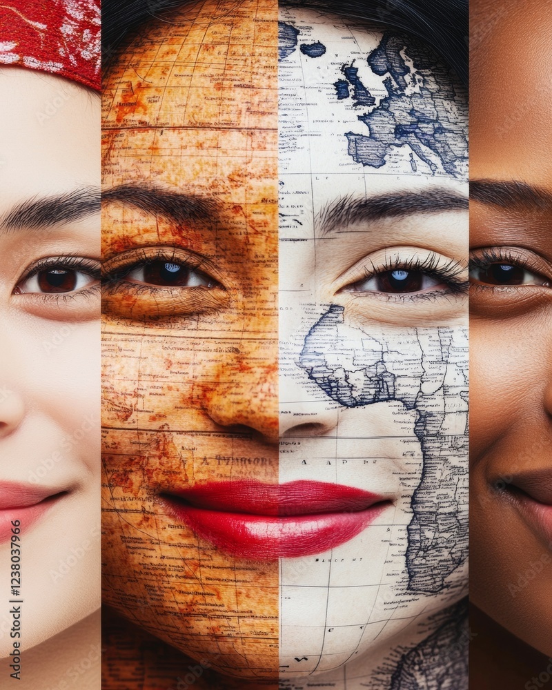 Poster vibrant digital diversity art cultural mosaic with maps and symbols for global marketing and educati