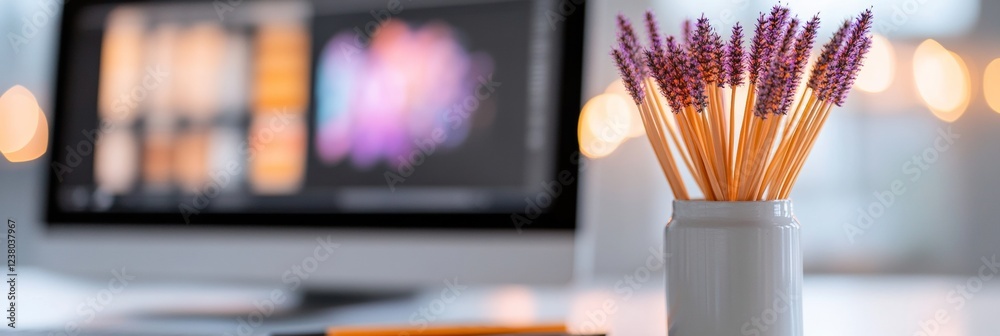 Poster Contemporary Minimalist Workspace Aesthetic Digital Design Tools with Lavender Accents for Creative Professionals in Tech-Driven Artistry and Innovative Visual Content Creation