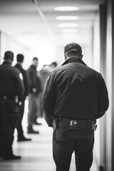 Security guards standing in a neat line outside their supervisor’s office for payroll distrib, Generative AI