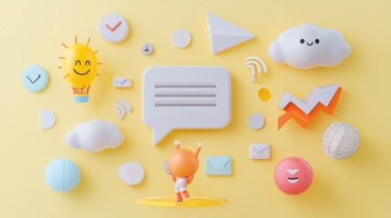 Cute Character with Communication Icons on Yellow Background