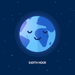 Cute cartoon Earth character taking a break for a while. Earth hour day flat vector illustration for poster and social media posts. Earth planet on a dark blue background