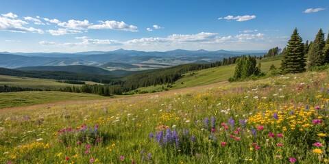 Obraz premium Mountain meadow with wildflowers in bloom, wildlife, alps, peaceful