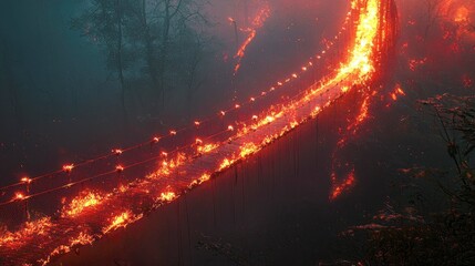 Infernal Bridge: A fiery landscape where a burning bridge hangs precariously over a dark forest, engulfed in flames and smoke. A scene of intense heat and destruction.