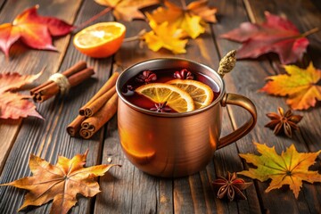 Mulled Wine in a copper mug with orange slices and cloves garnish, served on a wooden table amidst fall leaves, woodsy background, seasonal flavors