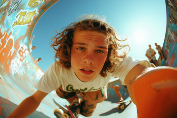 A young man with long hair is skateboarding and looking up at the camera