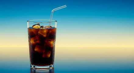 Refreshing Glass of Cola with Ice Cubes and Straw Set Against a Gradient Blue Background, Perfect for Summer Beverage Promotions and Advertisements