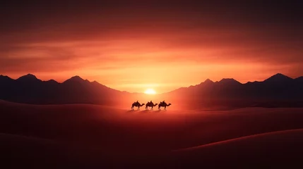 Fotobehang Camel caravan crossing golden desert dunes under a glowing sunset Arabian travel adventure mystical and warm tones expansive landscape  © fotogurmespb