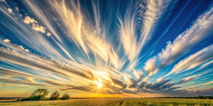 Relaxing timelapse of sun-drenched cirrus floccus clouds; perfect peaceful, atmospheric background for culinary images.