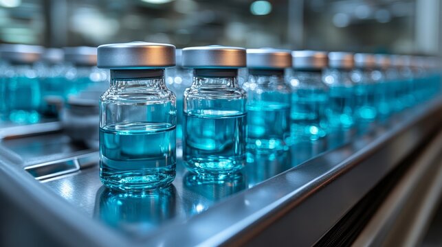 Glass vials containing vibrant blue liquid are neatly arranged in a laboratory