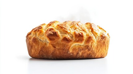 Golden brown Irish soda bread with steam rising isolated on a white background emphasizing freshness 