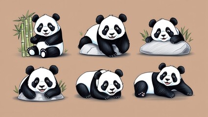 Naklejka premium Adorable Panda Bear Illustrations Six Cute Cartoon Pandas with Bamboo and Rocks