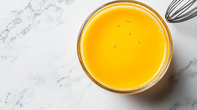 Glass of orange yellow pasteurized egg yolk liquid next to a whisk displayed on a sleek marble countertop 