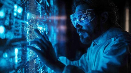 In a dimly lit laboratory, a focused scientist examines intricate data displayed on a glowing digital interface, delving into complex research and discoveries