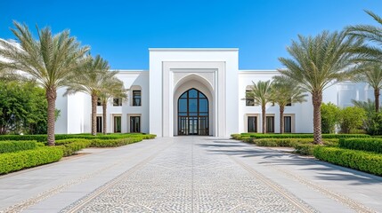 Obraz premium Luxury Arabian hotel entrance with intricate mosaics tall palm trees and arched doors combining modern elegance and cultural heritage 