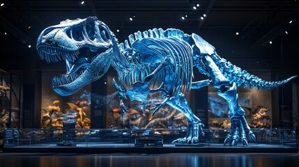Giant dinosaur skeleton dominates the museum, illuminated by dramatic lighting