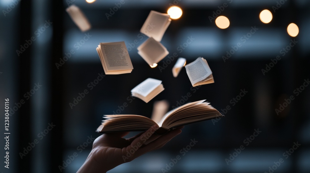 Poster Modern Intellectual Aesthetic Hands Holding Floating Books on Dark Background - Innovative Knowledge Visualization for Tech and Education Marketing