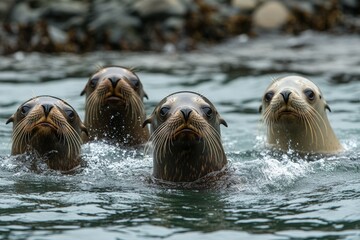 Fototapeta premium Four curious sea lions swim together in ocean waters