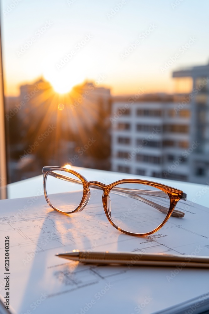 Poster minimalist urban workspace sleek glasses on architectural sketches with sunset view - modern busines