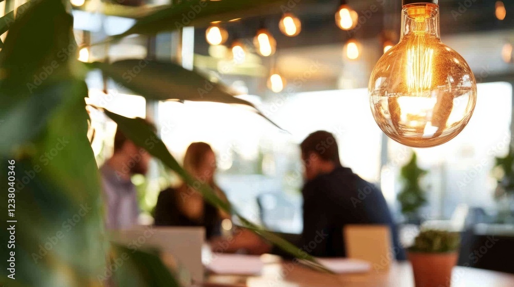 Aufkleber Modern Rustic Workspaces Ambient Edison Bulb Lighting with Natural Greenery in Open Office - Trendy Corporate Meeting Setup and Eco-friendly Business Atmosphere