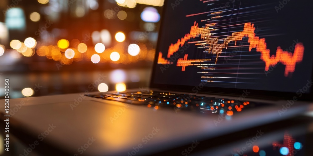 Leinwandbilder Futuristic Business Intelligence Display Graphical Data Insights on Sleek Laptop with Neon Lines in Modern Office - Tech Content and Predictive Analytics for Business Innovation