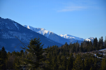 Majestic snow-covered high Tatras rise above the dense evergreen pine forest, breathtaking alpine scene under the clear blue sky. Wilderness and tranquility. Skiers, hikers, adventure lovers. 