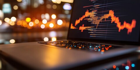 Futuristic Business Intelligence Display Graphical Data Insights on Sleek Laptop with Neon Lines in Modern Office - Tech Content and Predictive Analytics for Business Innovation