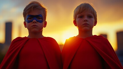 Siblings in matching superhero costumes striking heroic poses in front of a dramatic urban skyline sunset hues mixed with bold colors 