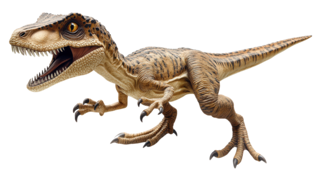Dynamic Velociraptor 3D Model, intricately designed, showcased in an action pose, clear transparent background for versatile use.